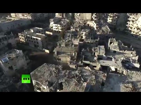 Przelot dronem nad Homs w Syrii. Miasto totalnie zniszczone przez wojnę.